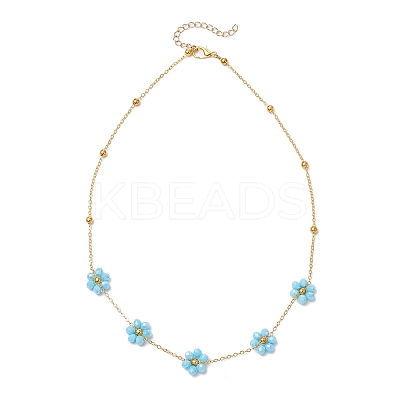 2Pcs 2 Colors Brass & Faceted Round Glass Beaded Flower Link Chain Necklaces NJEW-JN05296-1