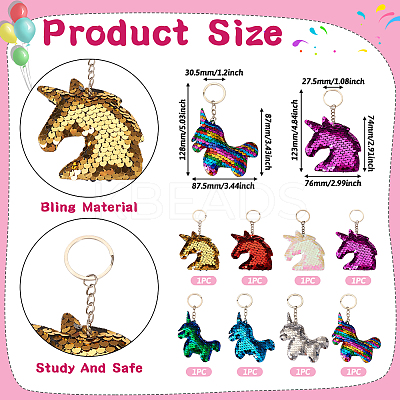 8Pcs 8 Style Reflective Sequin Unicorn Pendant Keychain KEYC-TA0001-20-1
