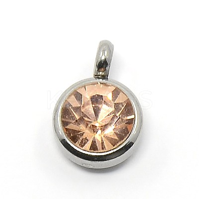 Trendy Original Color 304 Stainless Steel Grade A Rhinestone Flat Round Charm Pendants X-RB-M030-06-1