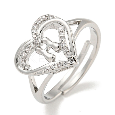 Heart with Letter Rack Plating Brass Micro Pave Clear Cubic Zirconia Adjustable Rings for Women RJEW-I105-01P-H-1