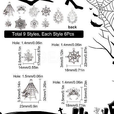 54Pcs 9 Styles Halloween Jewelry Tibetan Style Alloy Pendants FIND-SC0004-40-1