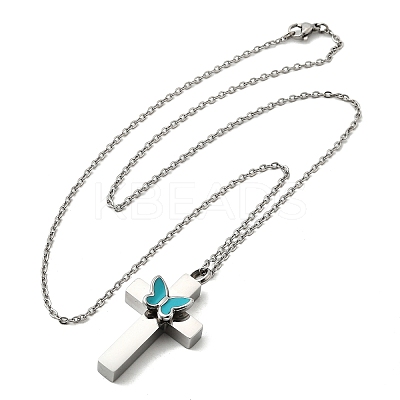 304 Stainless Steel Enamel Butterfly Cross Pendant Urn Ashes Necklaces NJEW-K393-03P-1