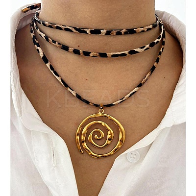 304 Stainless Steel Spiral Pendant Leopard Print Imitation Leather Cord Wrap Necklaces for Women NJEW-K289-02G-1