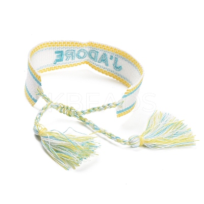 Word J'ADORE Polycotton(Polyester Cotton) Braided Bracelet with Tassel Charm BJEW-F429-01-1