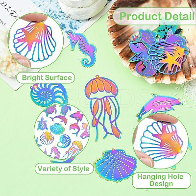 16Pcs 16 Styles Ion Plating(IP) 304 Stainless Steel Etched Metal Embellishments Pendants STAS-CJ0002-56-1