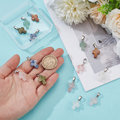 14Pcs 7 Styles Gemstone Cross Pendants G-UN0001-29-1
