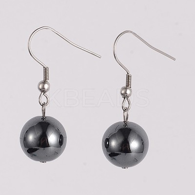 Round 304 Stainless Steel Non-Magnetic Synthetic Hematite Dangle Earrings EJEW-JE01973-01-1