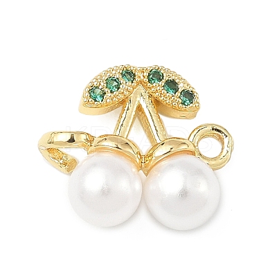 Brass Micro Pave Cubic Zirconia & ABS Plastic Imitation Pearl White Cherry Connector Charms KK-I276-56G-02-1