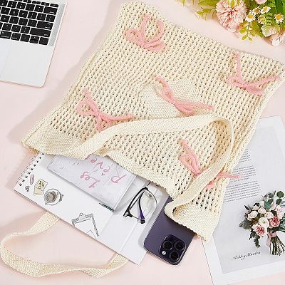 Polyester Bowknot Knitted Shoulder Bags for Women AJEW-WH20816-075A-1