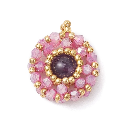 Natural Amethyst & Glass Seed Beaded Flat Round Pendants PALLOY-MZ00950-03-1