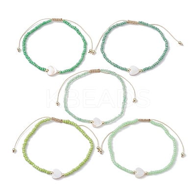 5Pcs 5 Colors Natural Shell Heart & Seed Braided Bead Bracelets Set BJEW-JB10039-03-1