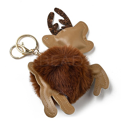 Imitation Rex Rabbit Fur & PU Leather Christmas Reindeer Pendant Keychain KEYC-K018-02KCG-03-1