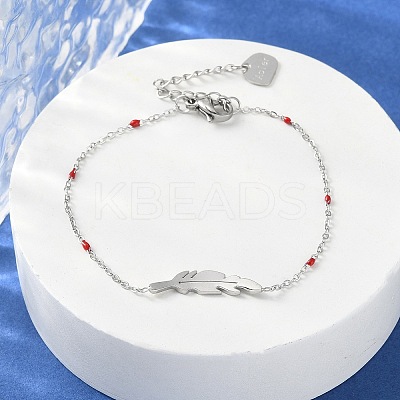304 Stainless Steel Feather Link Bracelets for Women BJEW-A036-17P-1