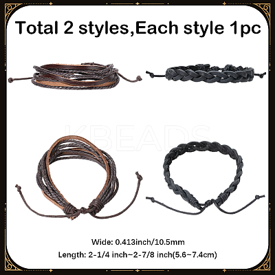 2Pcs 2 Styles Adjustable Cowhide Leather Cord Braided Bracelets BJEW-CL0001-16-1