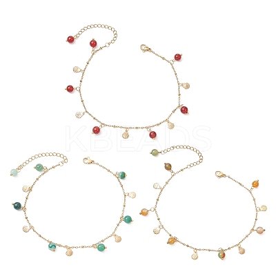 3Pcs 3 Colors Dyed Natural Banded Agate Round & 304 Stainless Steel Shell Shape Tassel Anklets for Women AJEW-AN00702-1