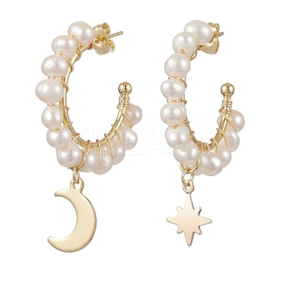 Moon & Star Natural Pearl Dangle Half Hoop Earrings EJEW-JE05895-02-1