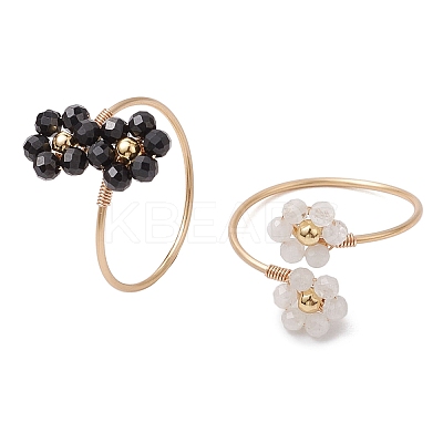 Flower Natural Rainbow Moonstone & Black Spinel Finger Rings RJEW-JR00777-1