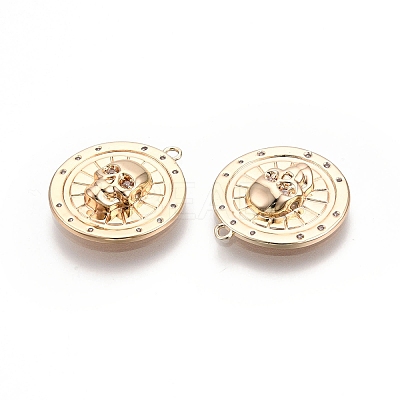 Flat Round with Skull Pattern Brass Micro Pave Clear Cubic Zirconia Pendants KK-G436-21G-1