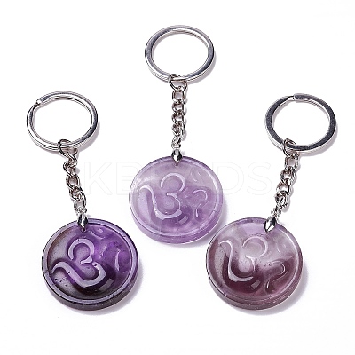 Flat Round with Ohm/Aum Natural Gemstone Pendant Keychain G-G993-02P-1