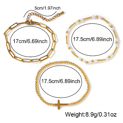 3Pcs Cross 304 Stainless Steel & Imitation Pearl Beaded Stretch Bracelet Sets PU8639-1-1