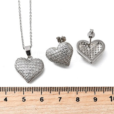 Heart Brass Micro Pave Cubic Zirconia Stud Earrings & Pendant Necklaces Sets SJEW-Z002-05P-1