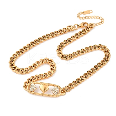 304 Stainless Steel Crystal Rhinestone Rectangle with Heart Pendant Necklaces for Women NJEW-D340-01G-1