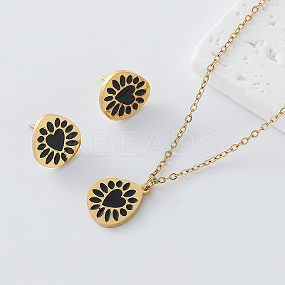 304 Stainless Steel Enamel Heart Flower Pendant Necklace & Stud Earrings Set for Women TJ2009-6-1