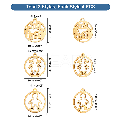12Pcs 3 Styles 304 Stainless Steel Pendants STAS-UN0033-77-1