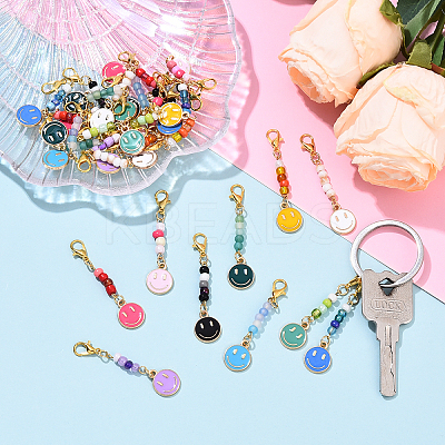 30Pcs 10 Styles Smiling Face Alloy Enamel & Glass Seed Pendant Decorations HJEW-YW00143-1