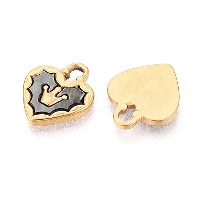 304 Stainless Steel Pave Natural Black Lip Shell Crown Heart Pendants STAS-N110-22B-G-1