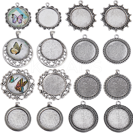 SUNNYCLUE 16Pcs 8 Styles Tibetan Style Flat Round Alloy Pendant Cabochon Settings TIBEP-SC0002-50-1