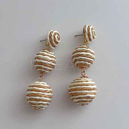 Alloy Raffia Round Beaded Dangle Stud Earrings FS-WG4318B-04-1