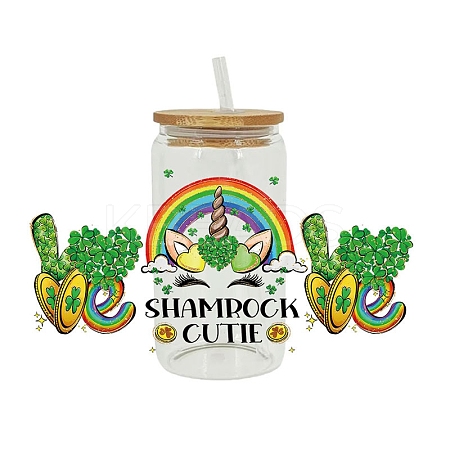 Saint Patrick's Day Theme PET Clear Film Green Shamrock Rub on Transfer Stickers for Glass Cups PW-WG24181-07-1