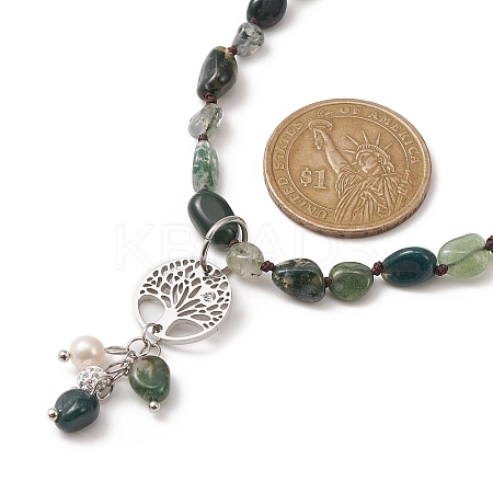 Natural Moss Agate & Pearl & Cubic Zirconia Tree of Life Pendant Necklace NJEW-JN04335-02-1