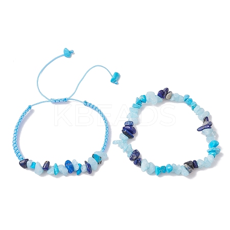 2Pcs Adjustable Natural Mixed Gemstone Braided Bracelet Sets BJEW-JB10994-1