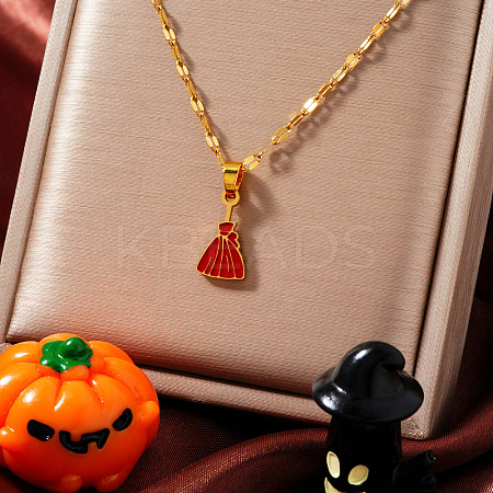 304 Stainless Steel Enamel Halloween Broom Pendant Dapped Chain Necklaces LP1406-1