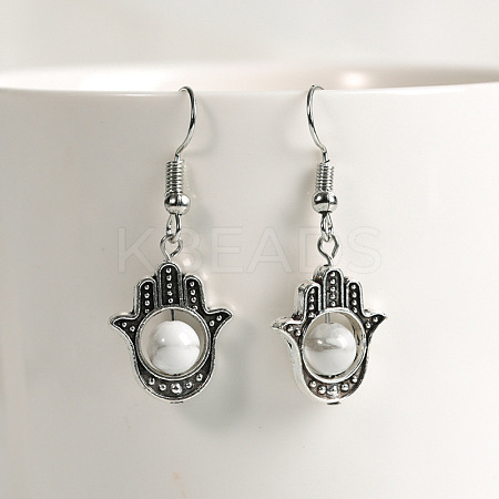 Natural Crystal Stone Hamsa Hand & Round Dangle Earrings UB8598-1-1
