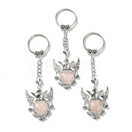 Natural Rose Quartz Heart with Wing Pendant Keychain G-Z033-04P-02-1