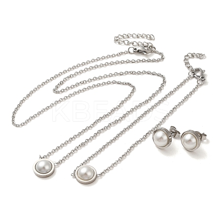 Flat Round Plastic Imitation Pearl Pendant Necklaces & Bracelets & Stud Earrings Sets SJEW-C004-02P-1