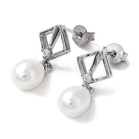 Anti-Tarnish Cubic Zirconia Rhombus with Natural Pearl Dangle Stud Earrings EJEW-F318-19P-1