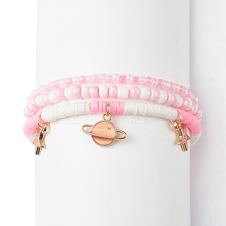 3Pcs 3 Styel Glass Seed & Polymer Clay Beaded Stretch Bracelets Set BJEW-JB08854-02-1