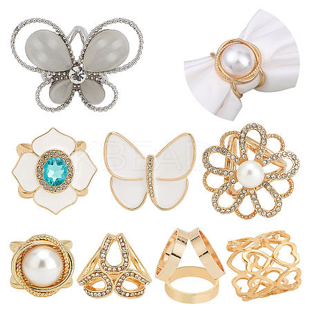 8Pcs 8 Style Butterfly Flower Heart Scarf Buckle Ring AJEW-WR0002-12-1