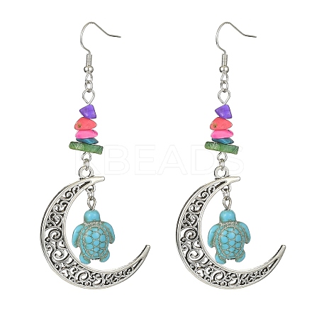 Dyed Synthetic Turquoise Crescent Moon with Tortoise Dangle Earring EJEW-JE05269-02-1