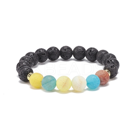 Natural Lava Rock & Weathered Agate(Dyed) Round Beaded Stretch Bracelet BJEW-JB08399-02-1