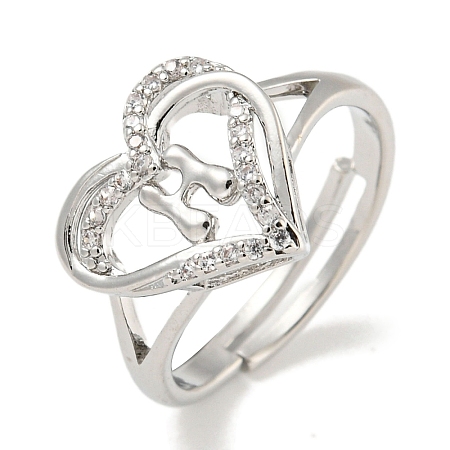 Heart with Letter Rack Plating Brass Micro Pave Clear Cubic Zirconia Adjustable Rings for Women RJEW-I105-01P-H-1