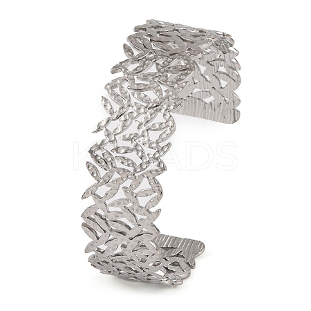Non-Tarnish 304 Stainless Steel Hollow Leaf Open Cuff Bangles for Women BJEW-K241-03D-P-1