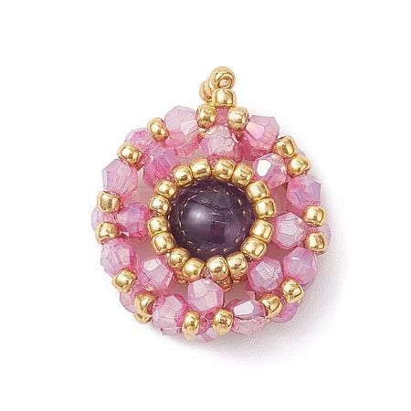 Natural Amethyst & Glass Seed Beaded Flat Round Pendants PALLOY-MZ00950-03-1