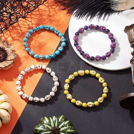 4Pcs 4 Colors Halloween Dyed Synthetic Turquoise Skull & Round Beaded Stretch Bracelet Sets for Men Women BJEW-JB12255-1