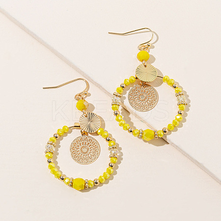 Brass Glass Flat Round with Rondelle Beaded Dangle Earrings FS-WG1FB0A-05-1