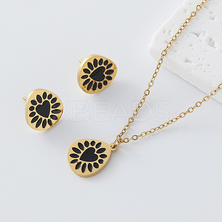 304 Stainless Steel Enamel Heart Flower Pendant Necklace & Stud Earrings Set for Women TJ2009-6-1